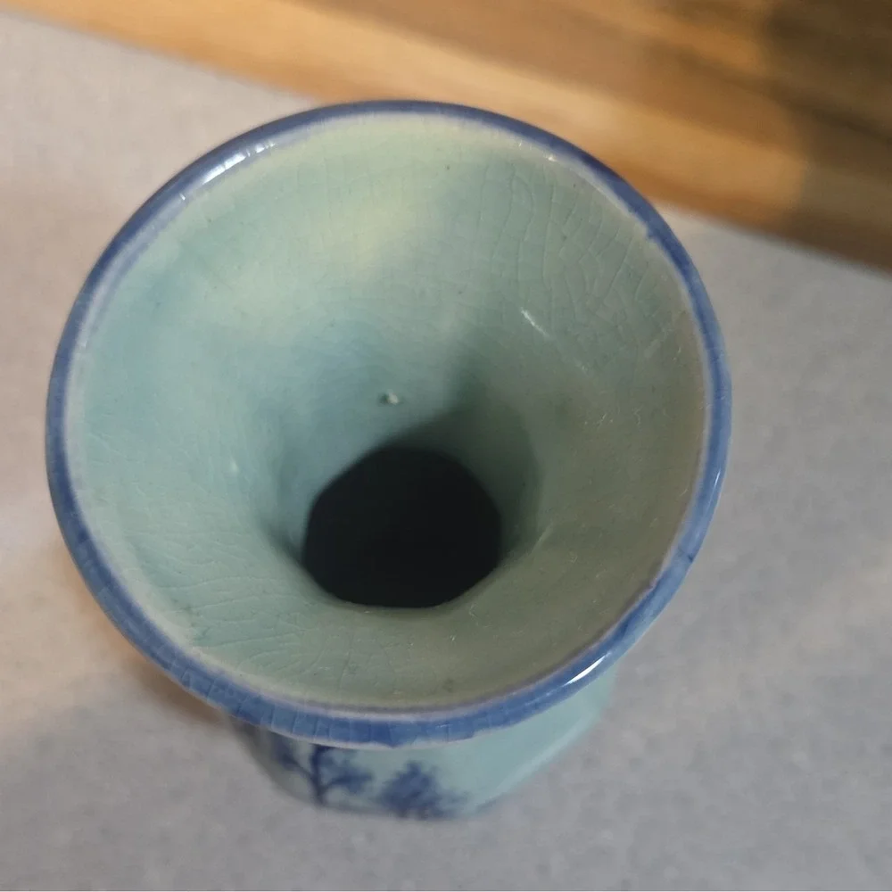 Blue & Light Blue Ceramic Vase, Japan, Scenic Windmill Landscape Design